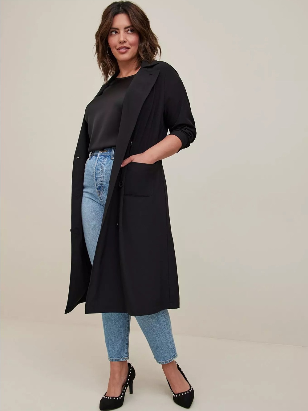 Torrid Black Studio Crepe Long Trench Coat